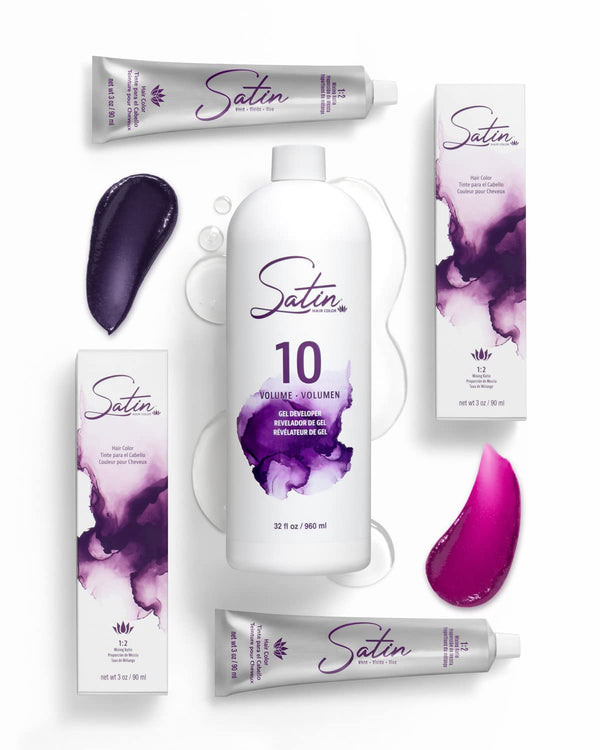 2 Tubes of Satin Color and 10 Volume Developer Bundle - Hair Party Pack (Purple & Magenta)