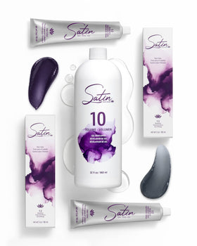 2 Tubes of Satin Color and 10 Volume Developer Bundle - Hair Party Pack (Silver & Purple)